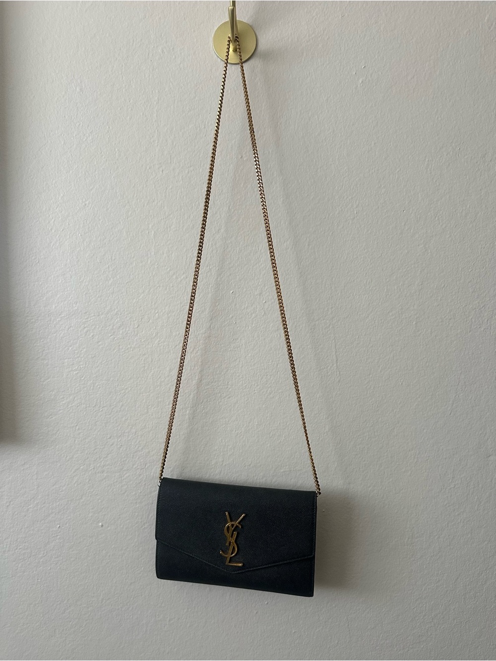 Saint Laurent Navy Leather Chain Wallet Crossbody with Gold Hardware